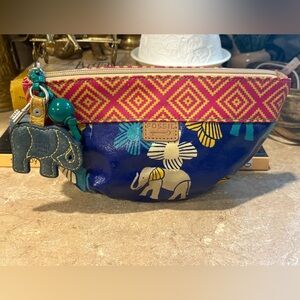 Fossil Key-Per small zipper pouch cosmetic bag elephant print w/ charm and key